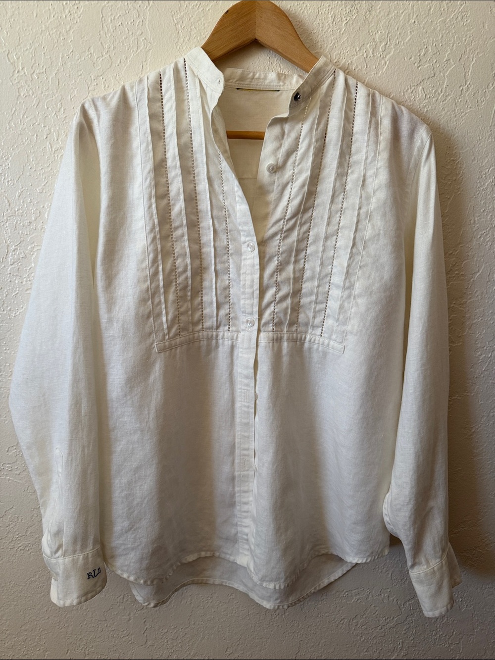 Lauren Ralph Lauren Vintage Linen Pintuck Mandarin Collar Tuxedo Shirt L